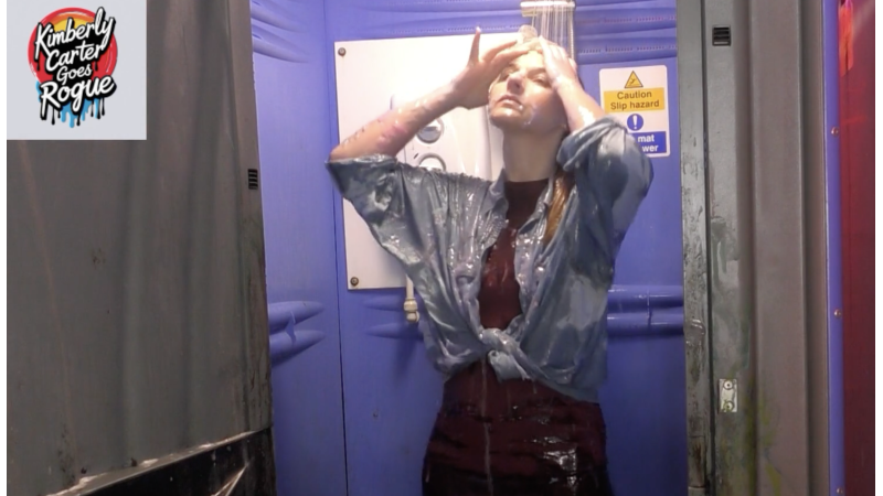 Kimberly showers to rescue her denim shirt